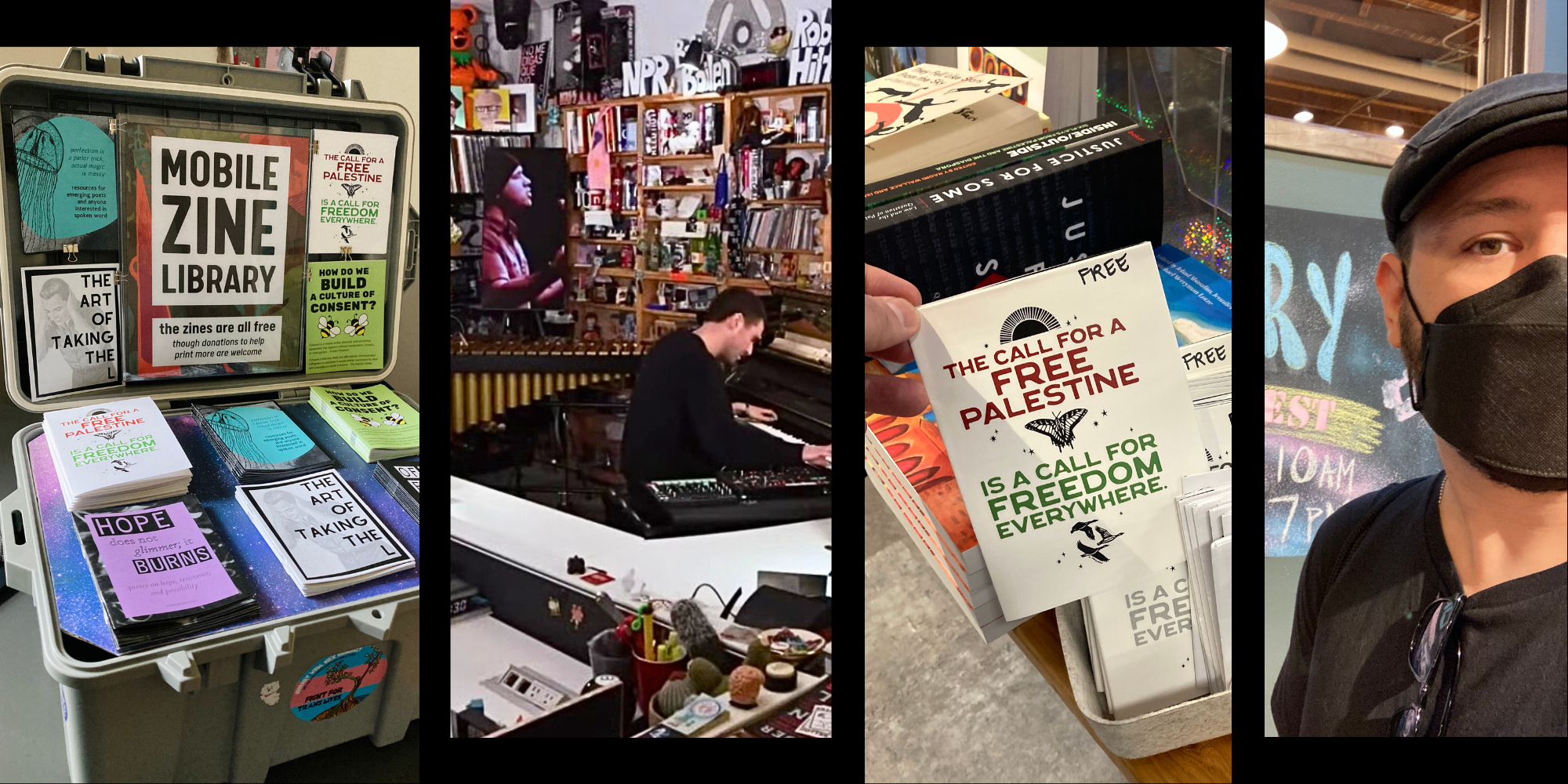 a collage of photos: zines, Fred Again's Tiny Desk concert, and KTM/Guante