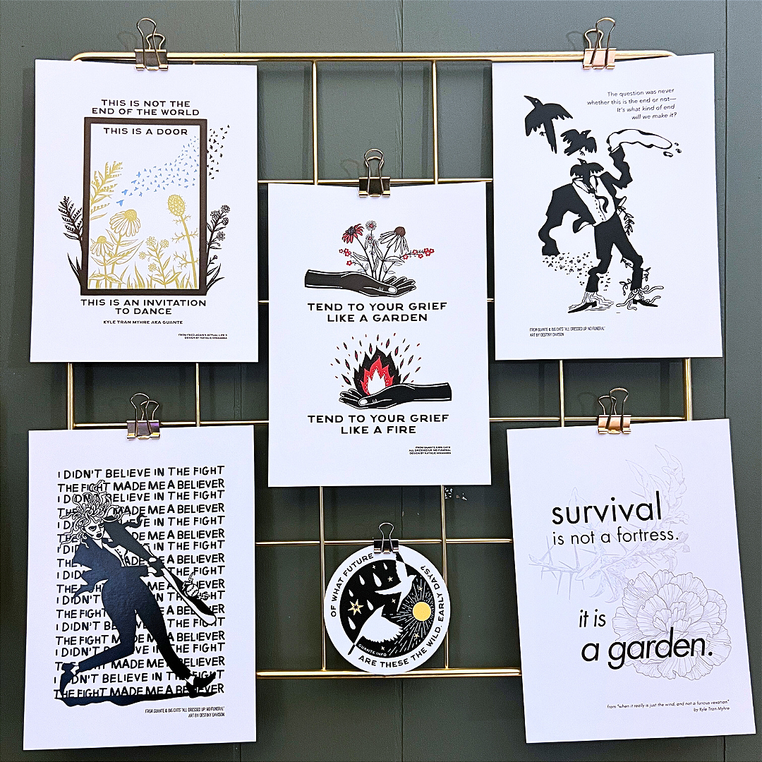 A collage of five 5x7 art prints featuring KTM quotes, plus a sticker.