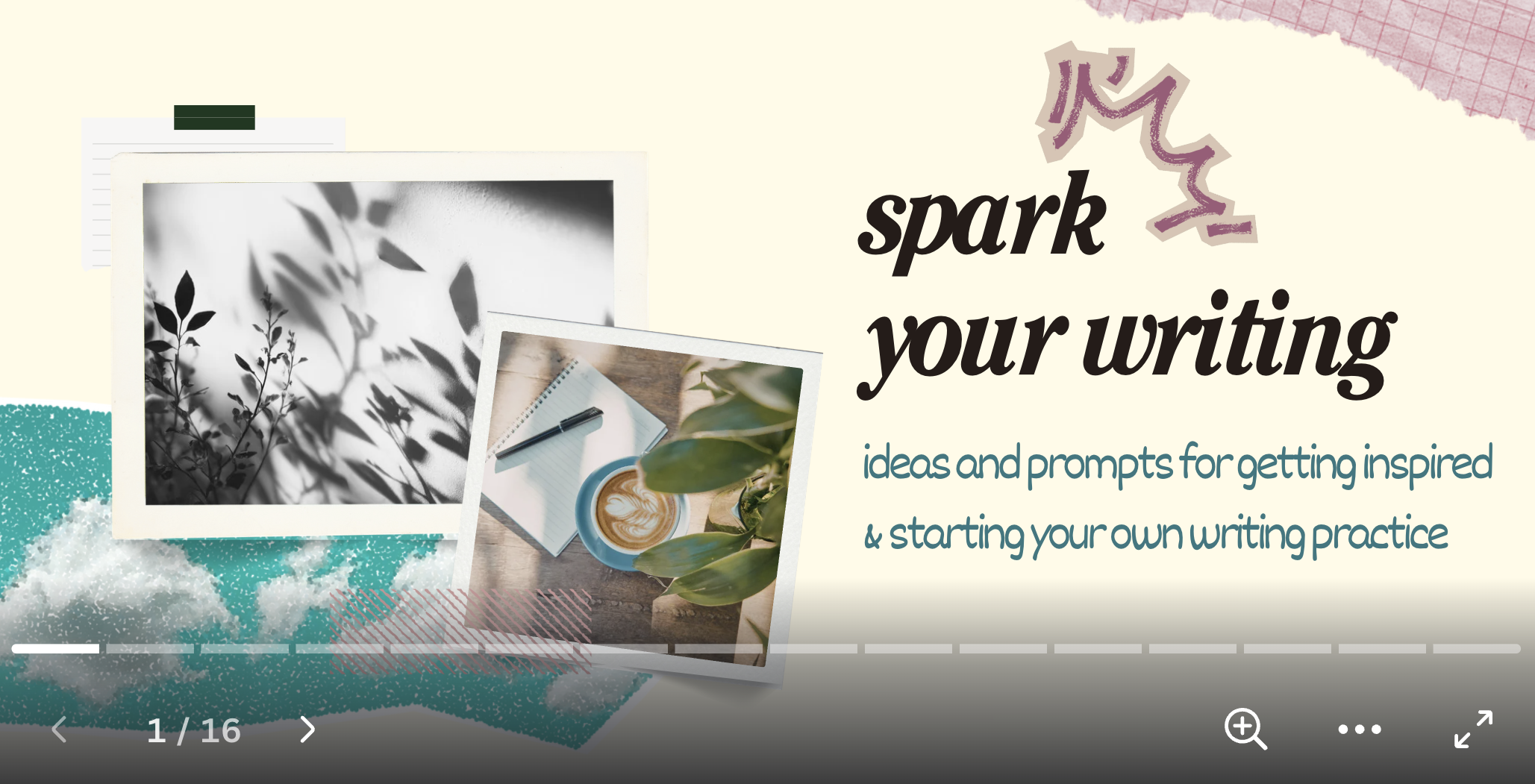 the first page of a slideshow + text "spark your writing"