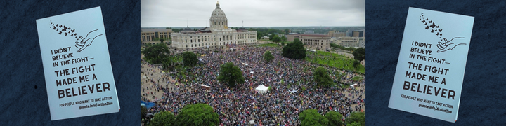 a photo of the MN state capitol with tens of thousands of demonstrators.