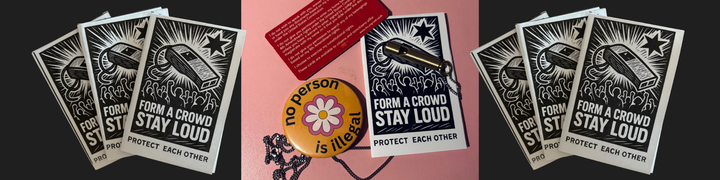 a collage of "whistle zines" plus a button that says "no person is illegal"